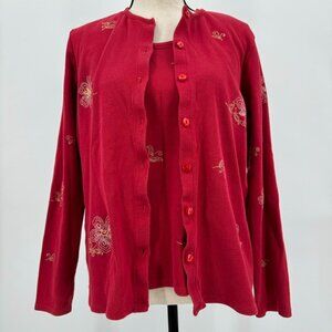 vintage red embroidered floral cardigan and tank set cascade PM cottage